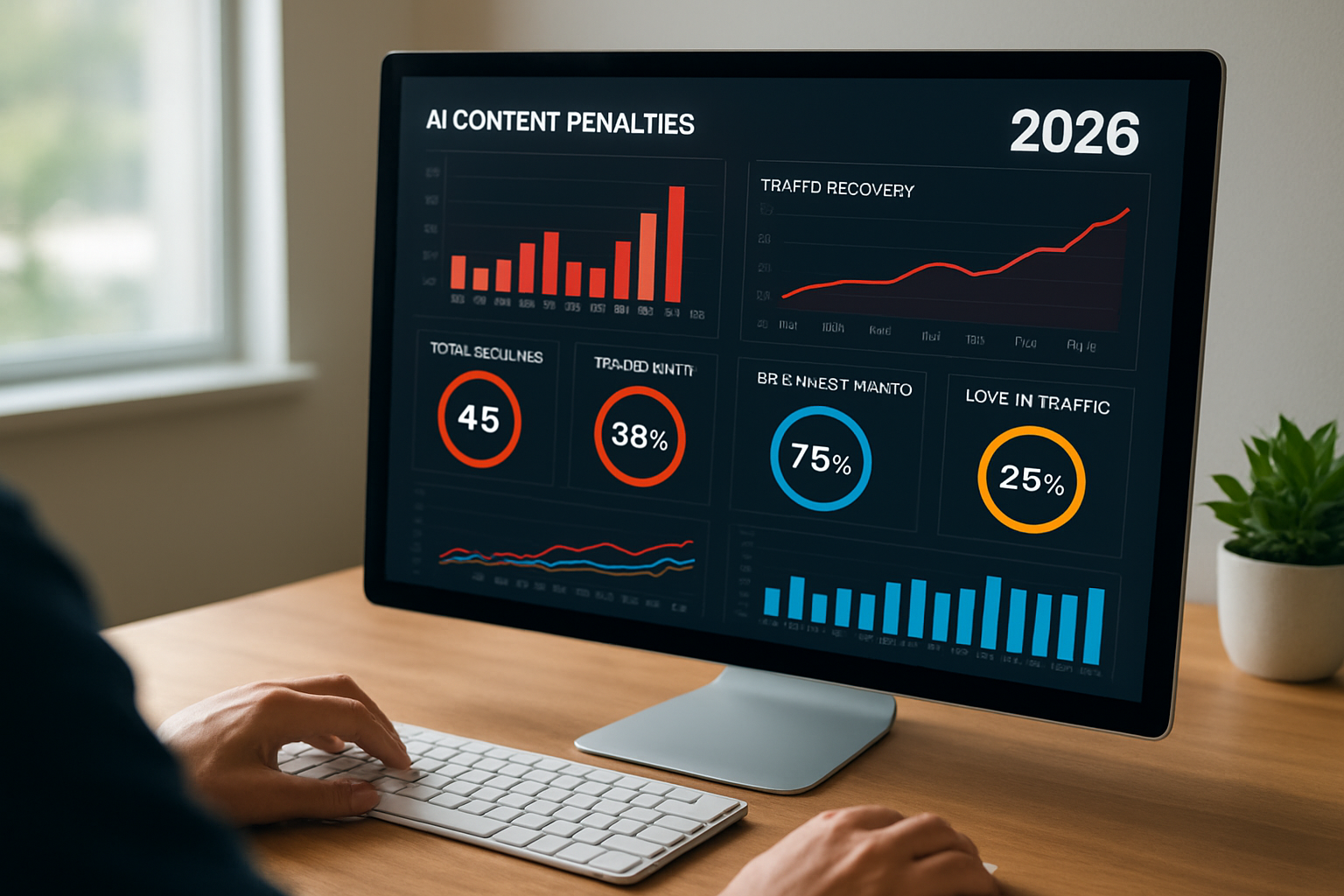 dashboard de métricas com foco em penalizações por conteúdo de IA 2026 e recuperação de tráfego