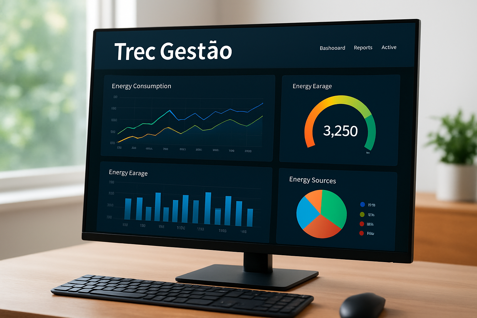 Painel de monitoramento de consumo energético com dashboard e a palavra Trec Gestão