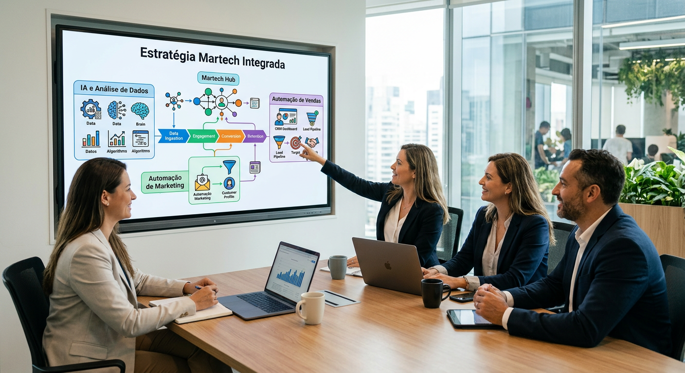 Infográfico representando uma estratégia martech integrada com ícones de IA, dados e automação de vendas