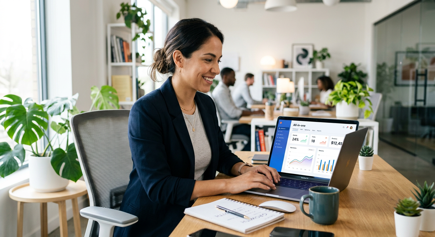 Modern entrepreneur using an all-in-one solution for small business growth on a laptop in a bright office