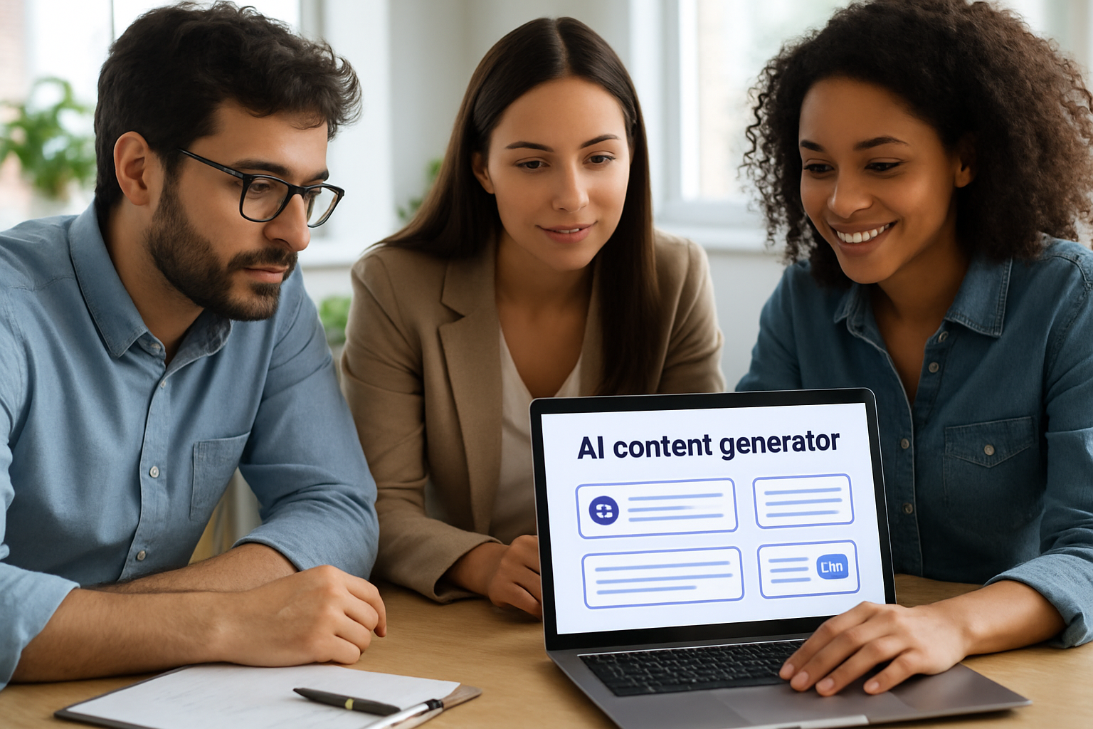 Equipe usando gerador de post com IA para criar conteúdo otimizado para SEO em 2026 | o que é gerador de post com IA