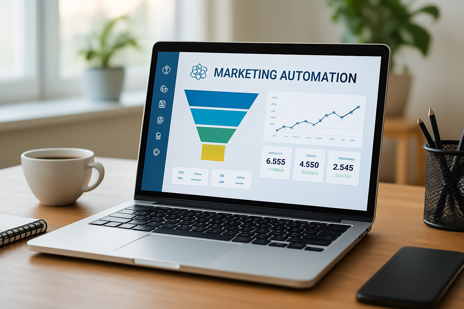 painel de automação de marketing com IA mostrando funil e métricas, ferramenta de automação de marketing