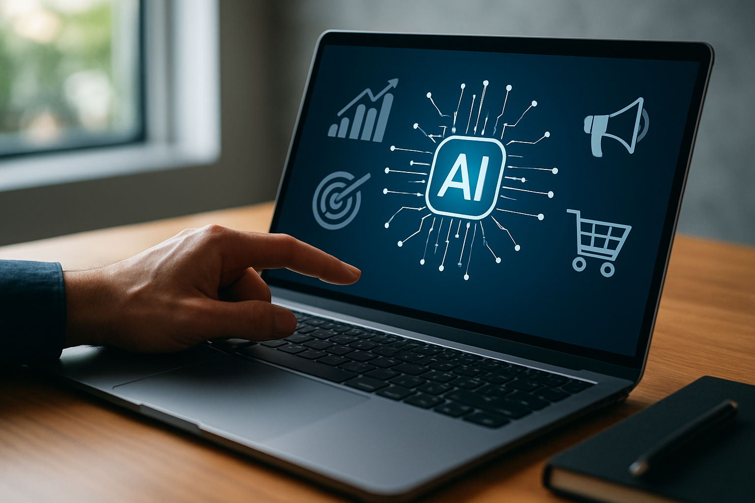 Visão conceitual de software de inteligência artificial integrando marketing e vendas
