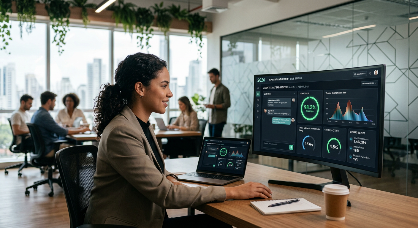 Dashboard moderno mostrando métricas de um agente de IA realizando atendimentos automáticos em 2026