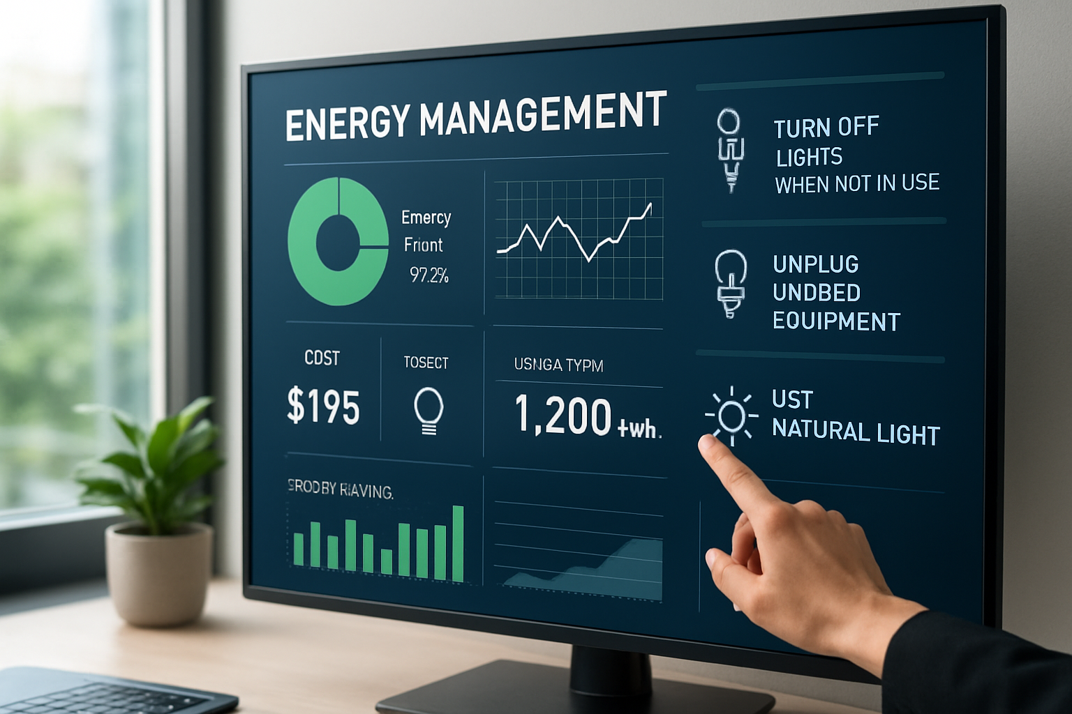 Painel de gestão energética com métricas e instruções para dicas para economizar energia nas empresas