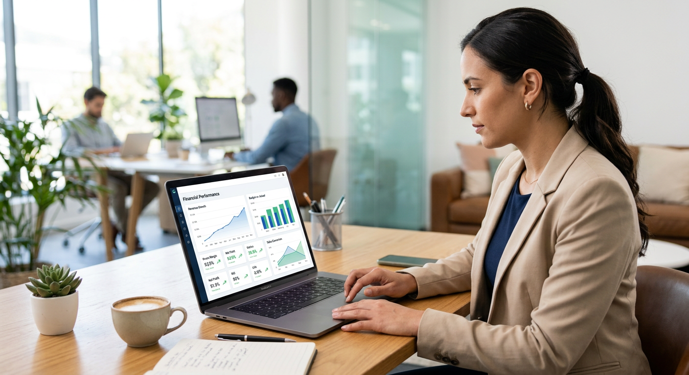 Professional dashboard of a business plan software showing financial growth charts and performance tracking metrics