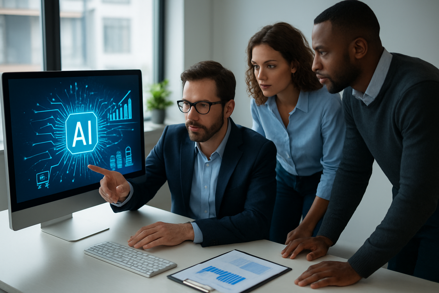 Equipe de empresa de inteligência artificial implementando automação inteligente e análise preditiva para e-commerce 2026