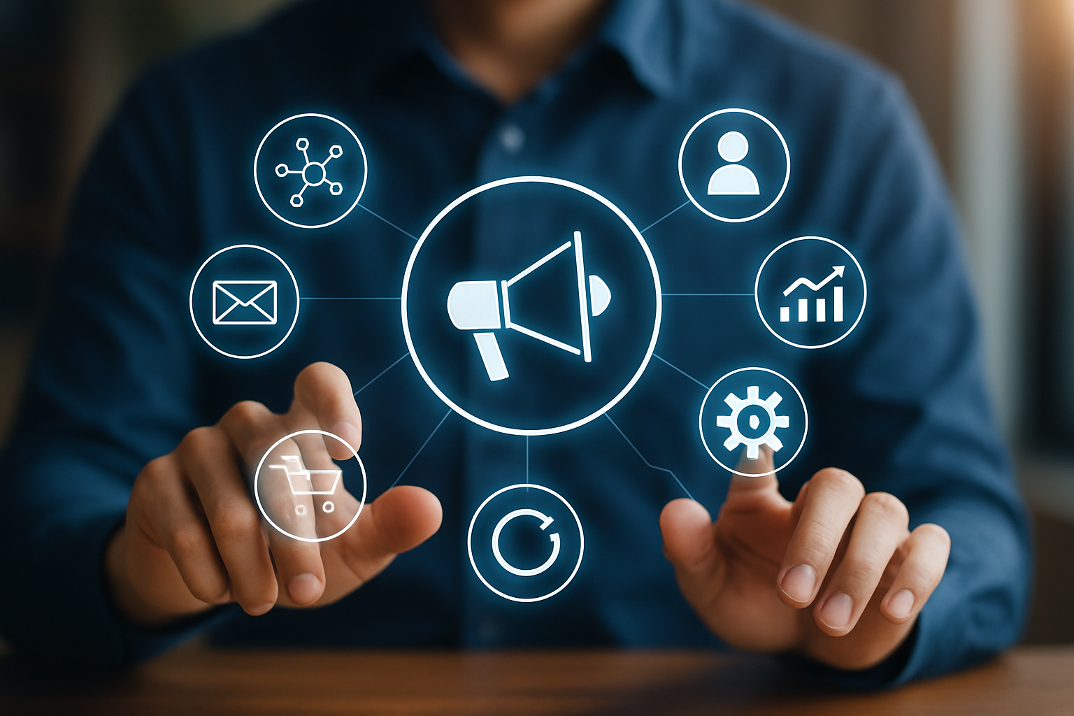 Mãos digitais interagindo com ícones de tecnologia de marketing, representando automação e IA em 2026