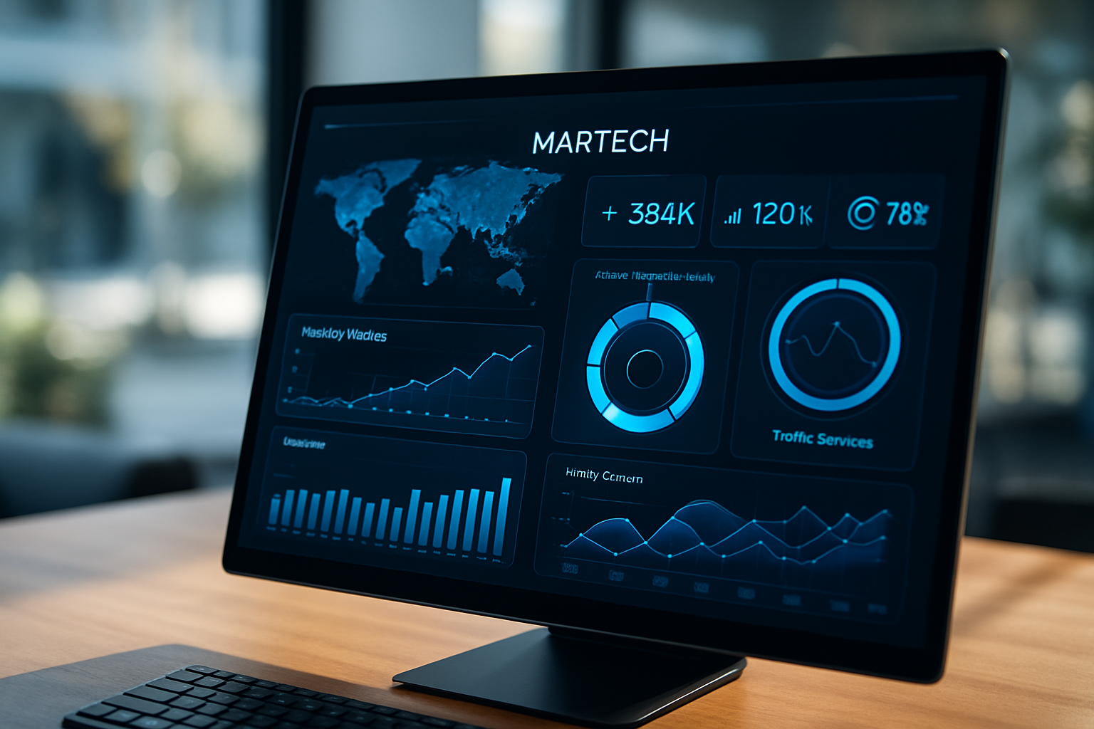 Visão futurista de um painel de controle de software martech com gráficos e dados em 2026