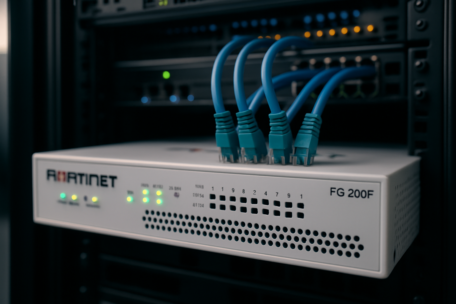 Firewall Fortinet FG 200F em um rack de servidor, simbolizando proteção robusta para grandes empresas