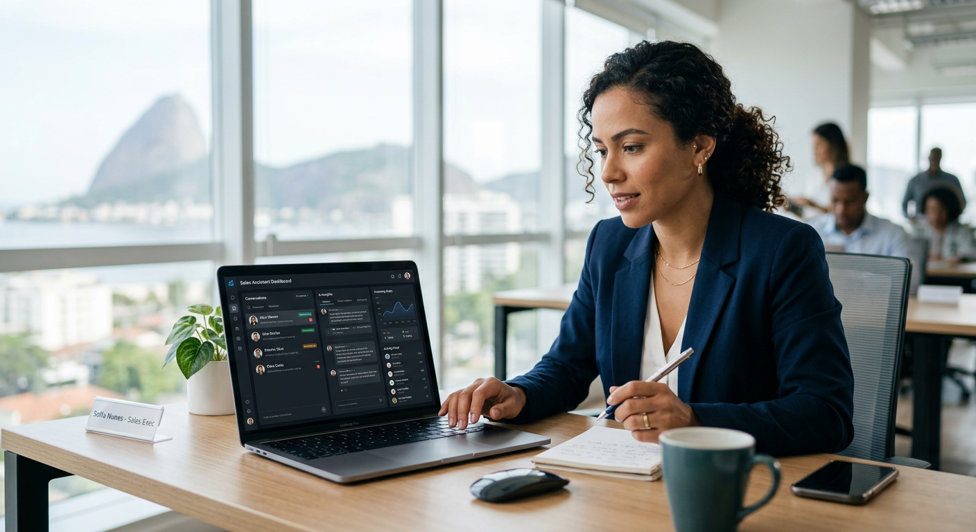 Interface moderna de um assistente virtual com IA gerenciando conversas de vendas em um dashboard tecnológico