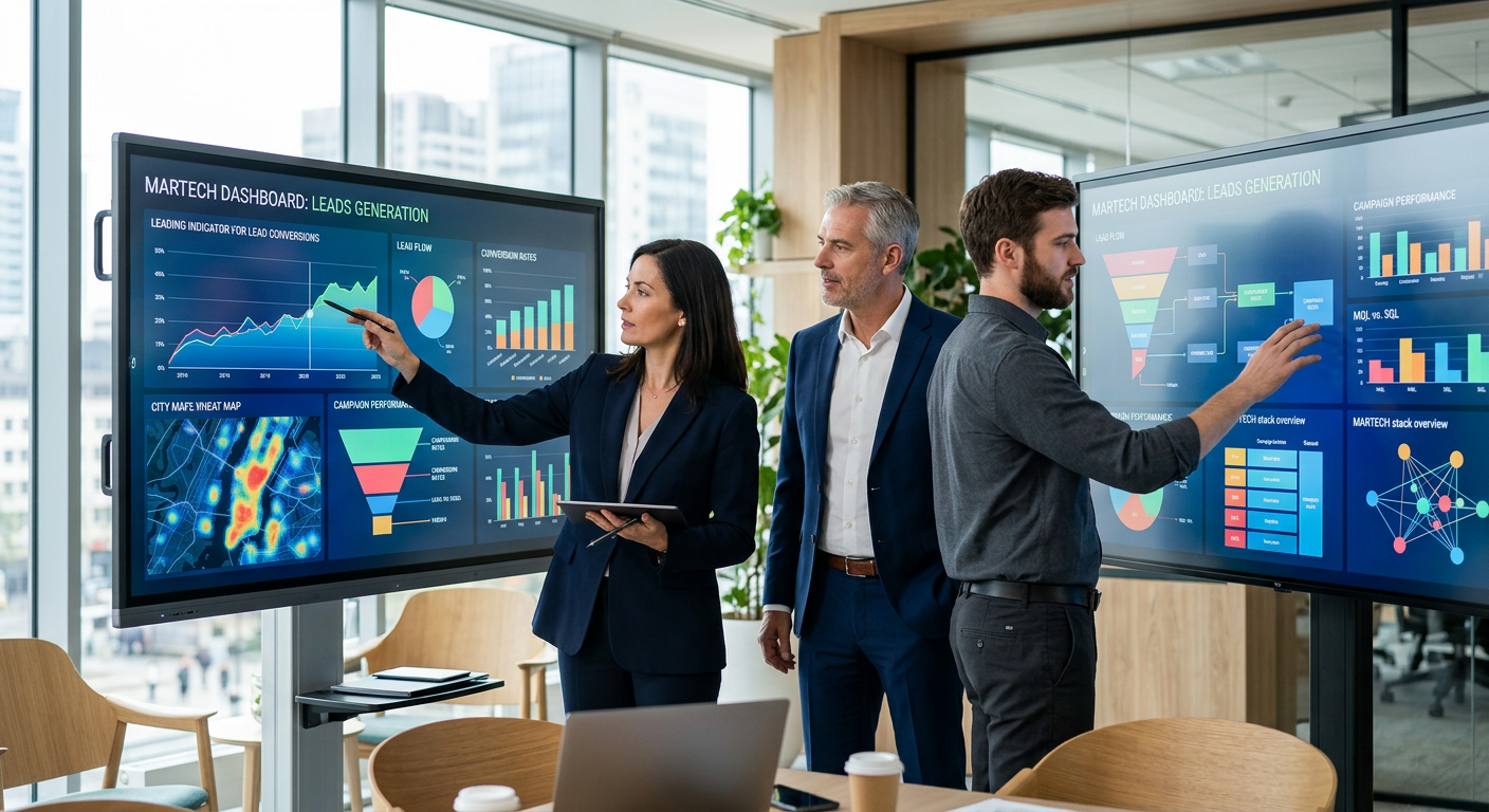 Executivos analisando dados de martech para geração de leads em um painel digital moderno