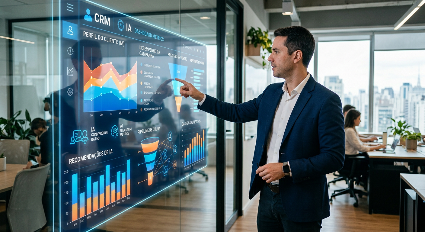 Empresário analisando métricas de martech para crm em um painel digital com inteligência artificial