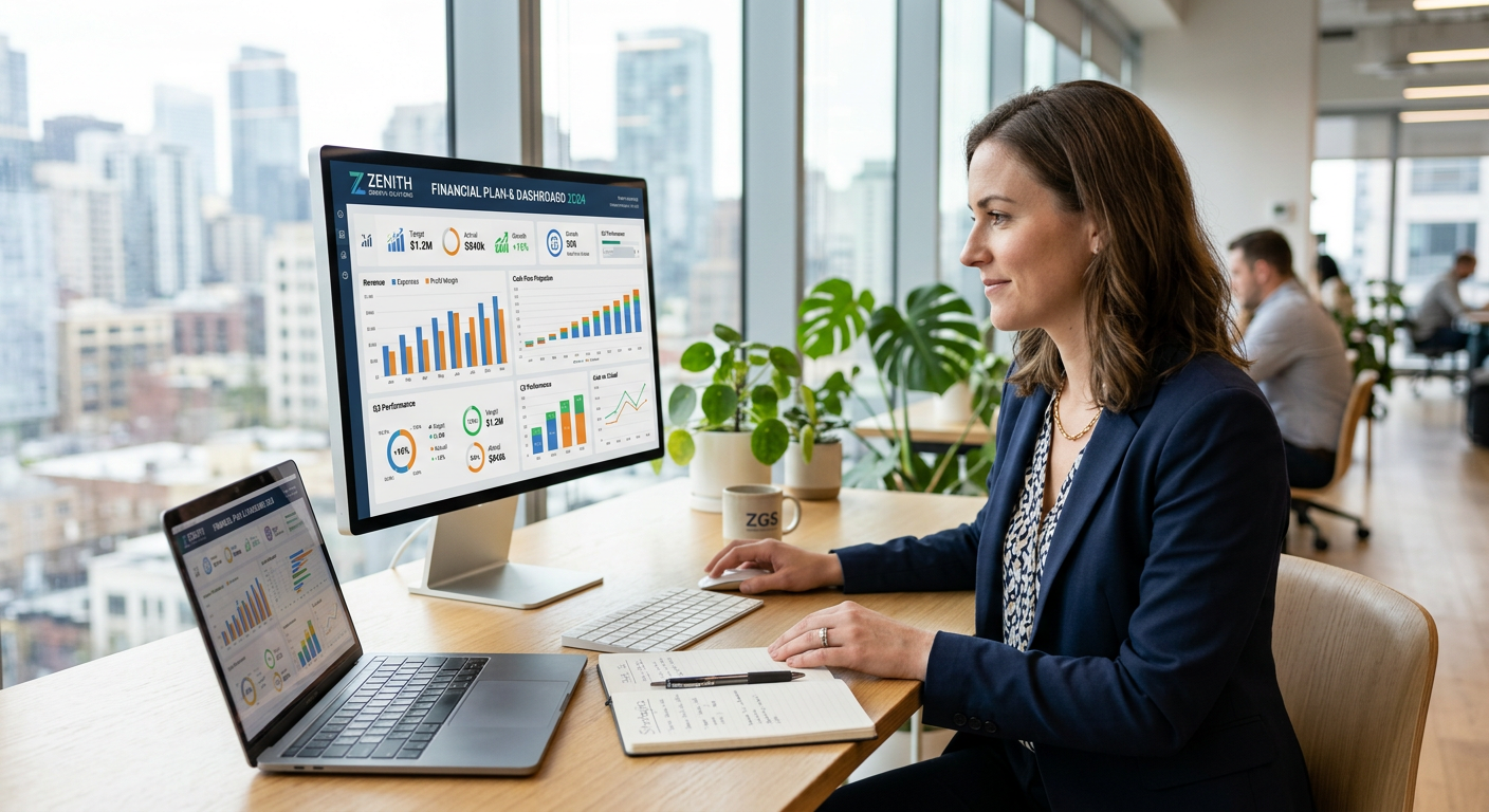 Entrepreneur analyzing financial planning tools for small businesses on a digital dashboard