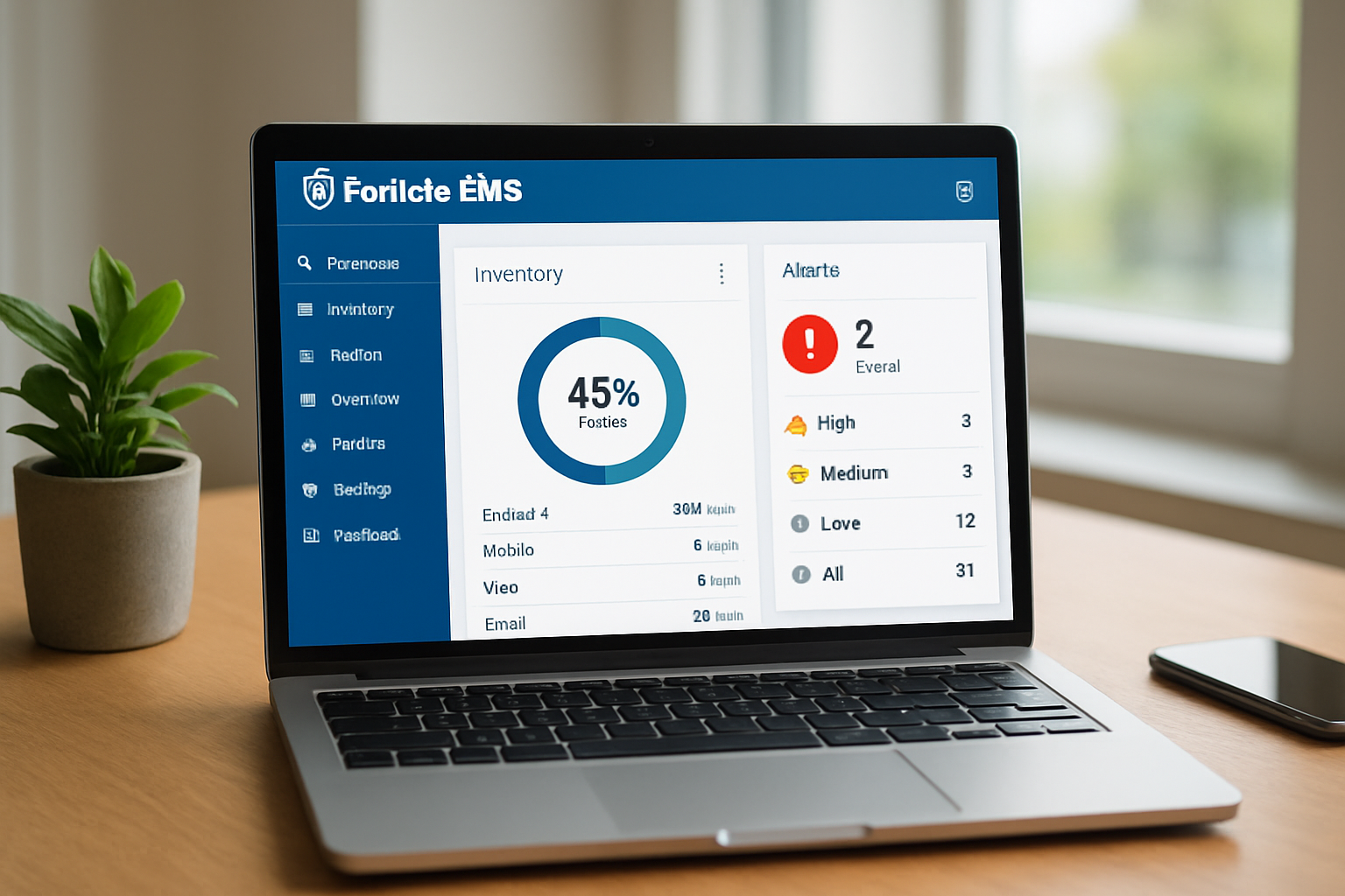 painel administrativo FortiClient EMS mostrando inventário e alertas com