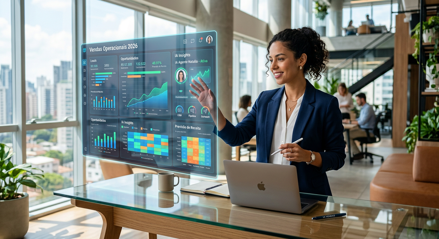 Agente de IA para vendas operando em um painel digital de alta tecnologia em 2026