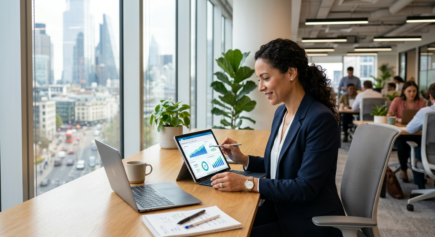 Entrepreneur analyzing business growth charts on a digital tablet in a modern office setting
