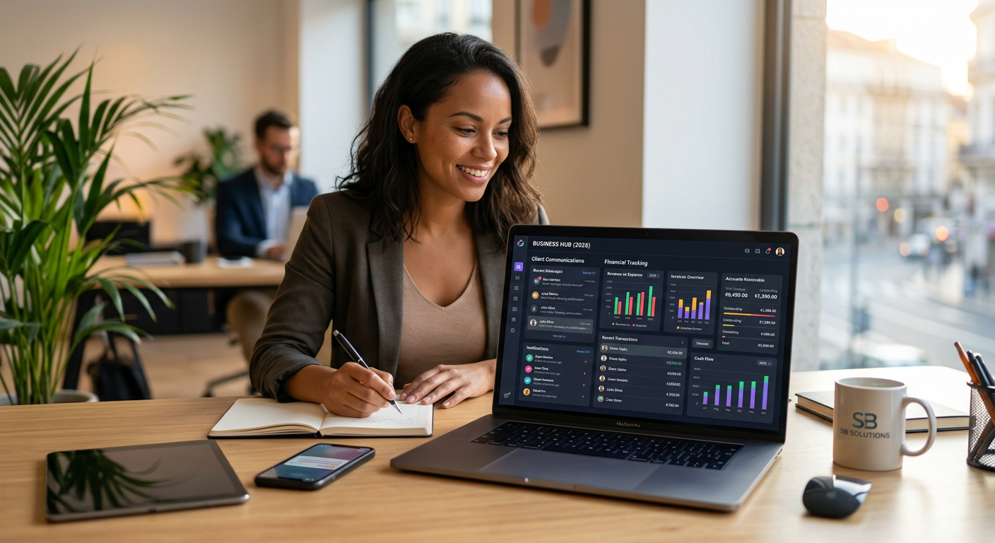 Integrated dashboard showing client communication and financial tracking tools for small businesses in 2026