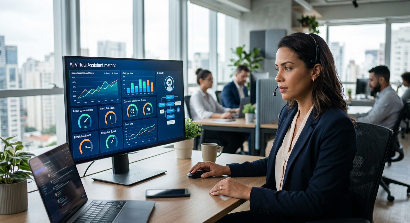 Dashboard moderno mostrando métricas de um atendente virtual com IA em operação de vendas