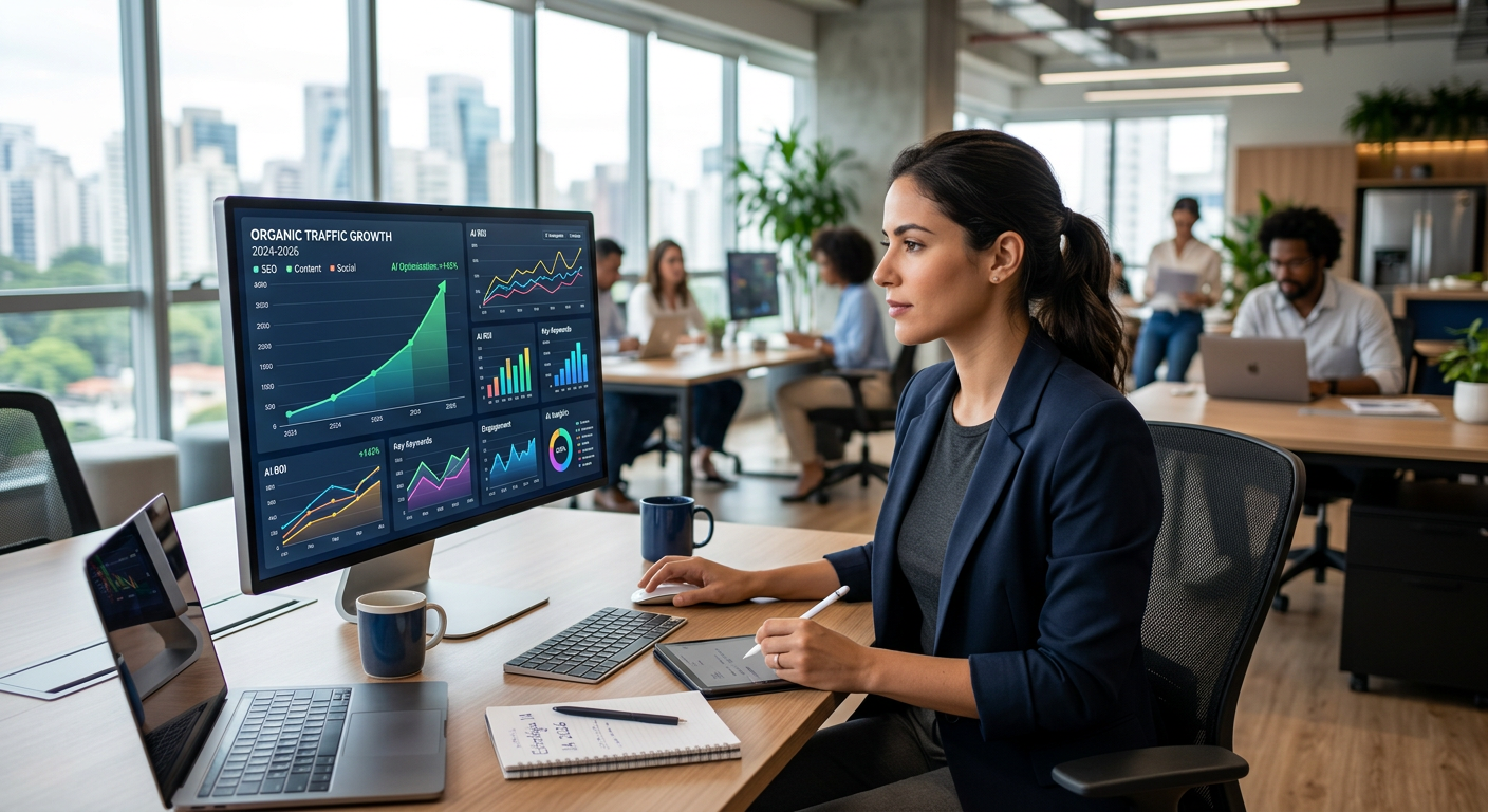 Profissional de marketing analisando gráficos de crescimento orgânico impulsionados por IA em 2026