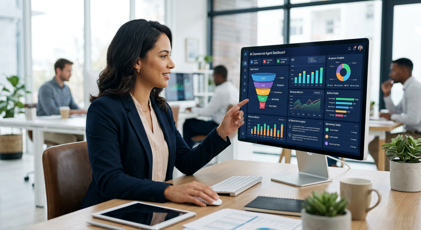 Dashboard moderno mostrando métricas de um agente comercial com IA e funil de vendas