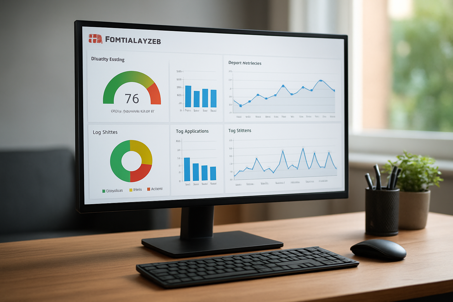 Painel FortiAnalyzer com dashboards de segurança e análise de logs
