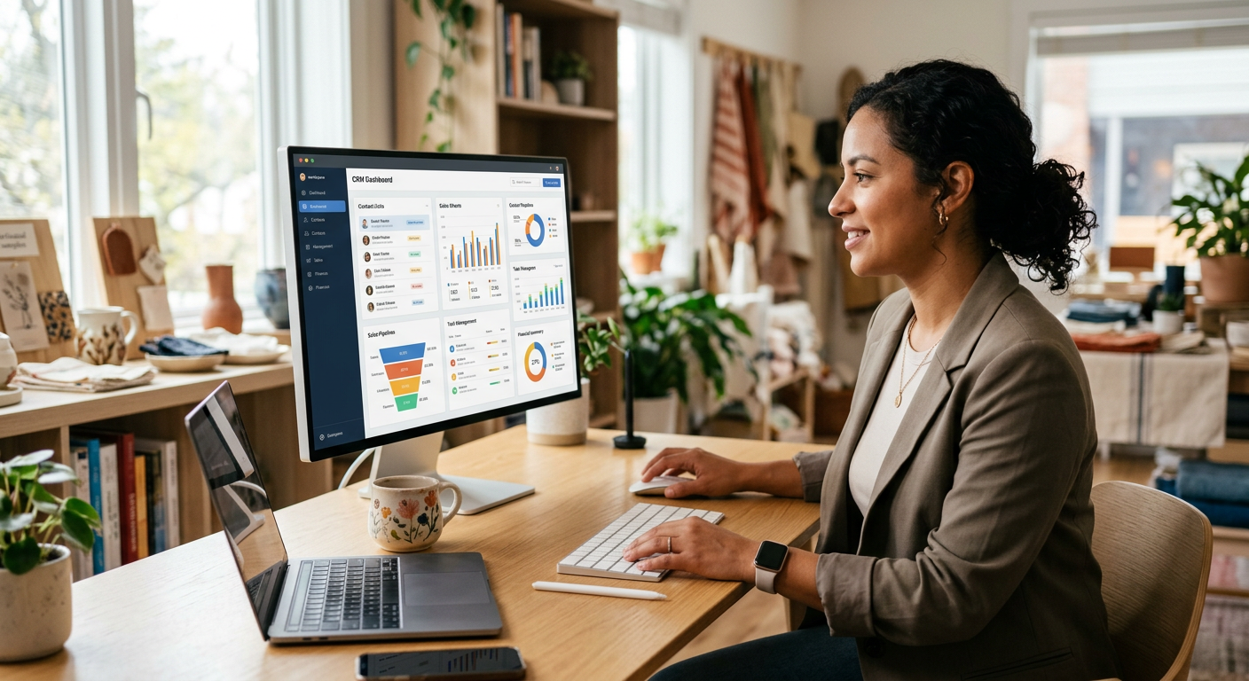 Small business owner using a CRM dashboard to manage client relationships and finances in 2026 | CRM Small business