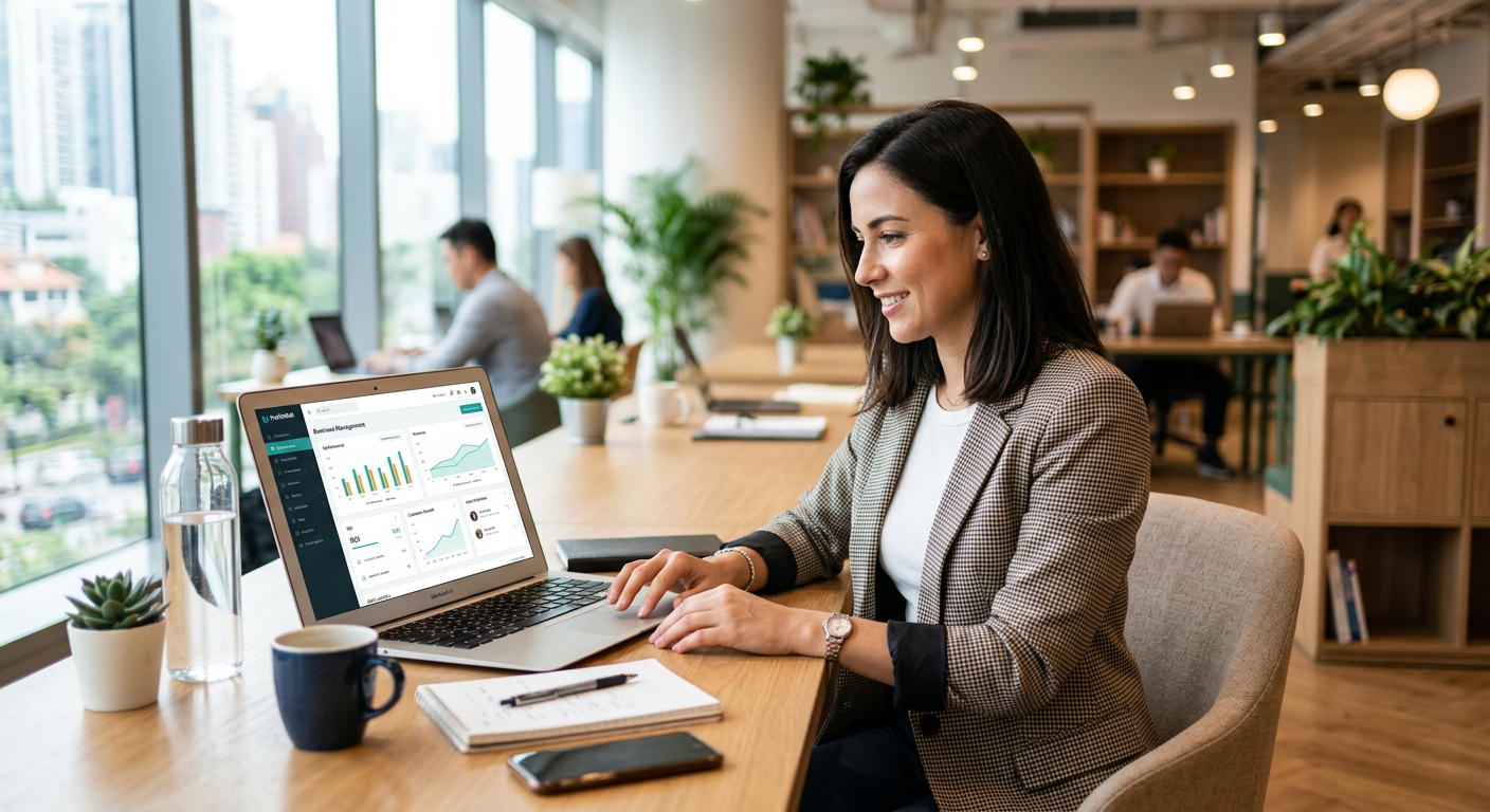 Modern entrepreneur using the best business management software for small businesses on a laptop in a bright office