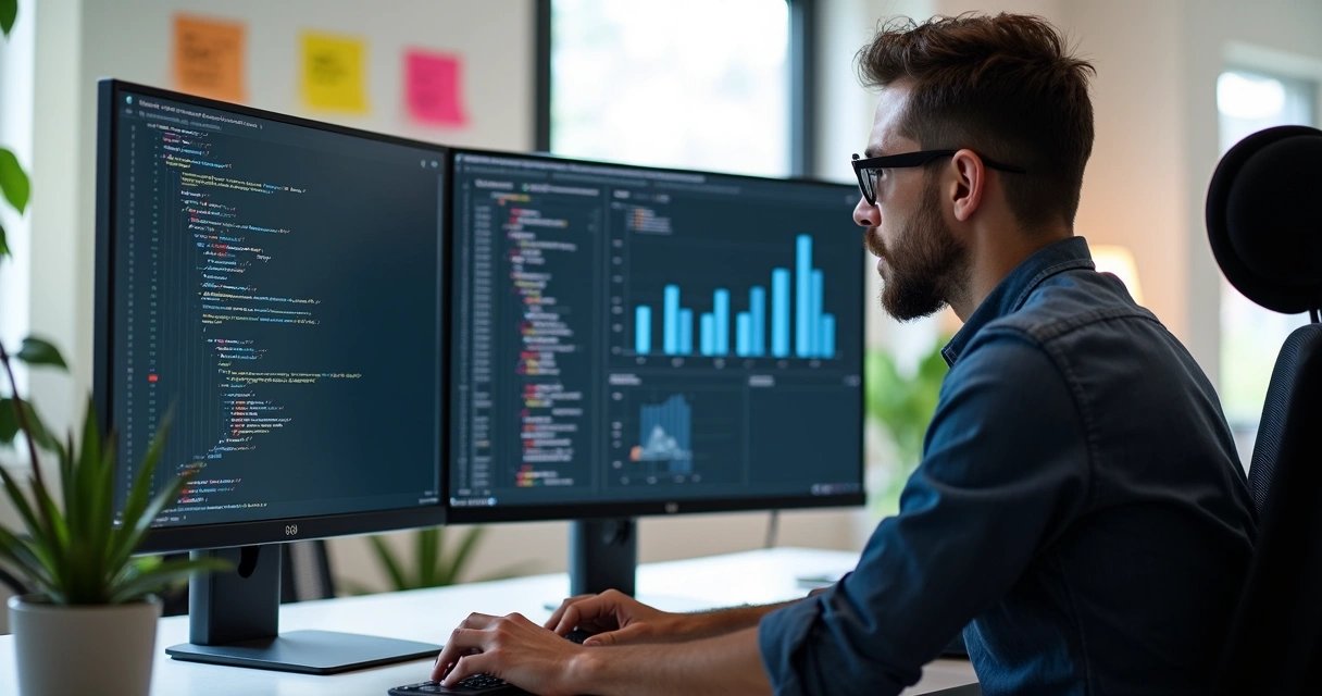 Desenvolvedor analisando dados em tela com comandos SQL 
