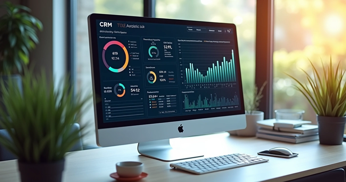 Tela de computador mostrando integração de CRM e automação com página de vendas. 