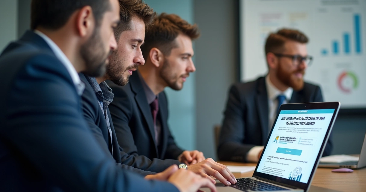 Equipe de marketing e vendas analisando página de vendas B2B em notebook. 