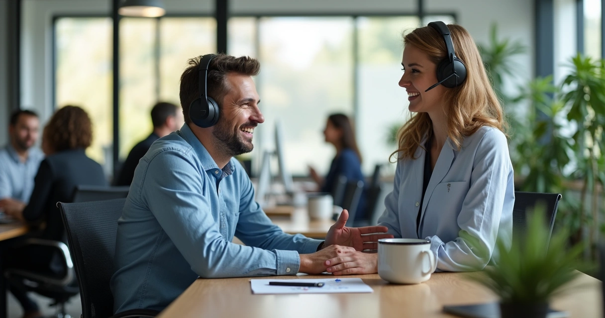 Cliente sorridente recebendo atendimento personalizado em empresa de tecnologia