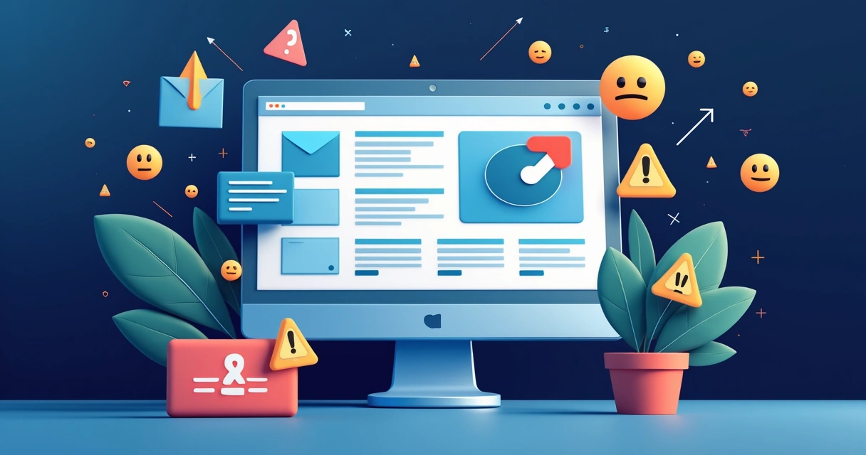 Lista de erros com ícones de alerta ao lado de páginas de e-commerce 