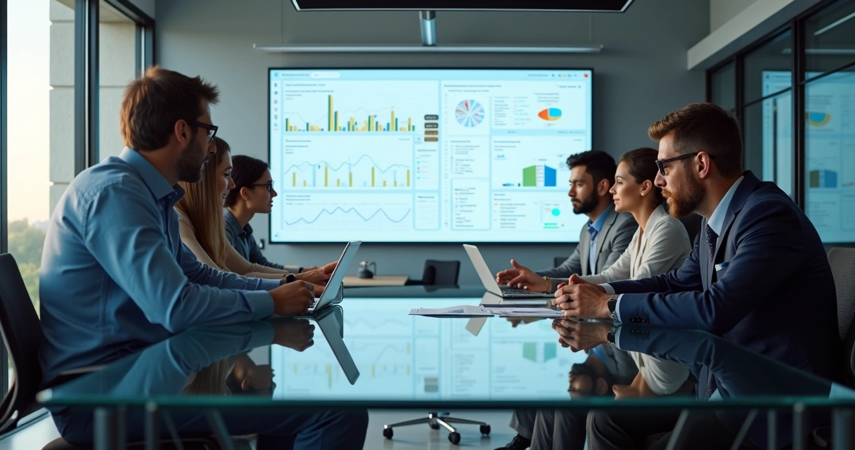 Equipe de vendas diante de uma tela de CRM analisando previsões de receita futura