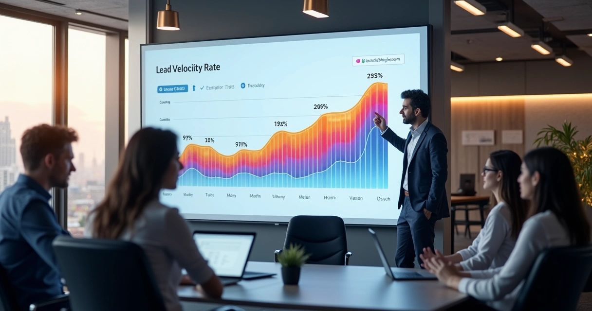 Gráfico colorido mostrando crescimento de leads qualificados mês a mês