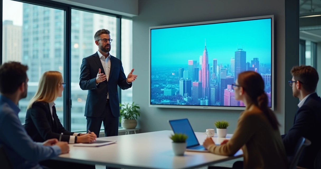Executivo apresentando vídeo educativo empresarial 