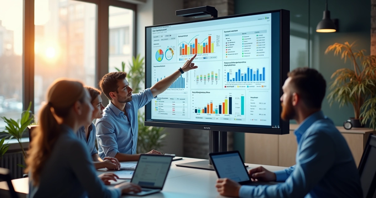 Tela de dashboard com gráficos de vendas B2B apresentados em monitor em um escritório moderno 