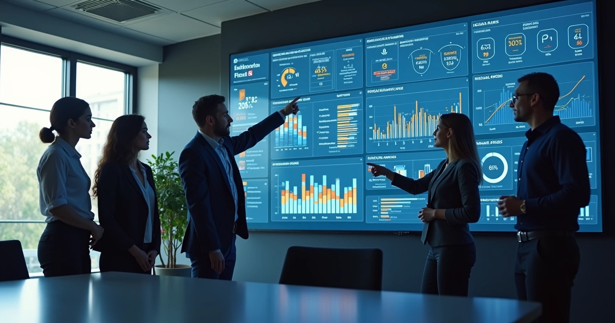 Dashboards digitais mostrando múltiplos KPIs integrados de vendas B2B em grande tela