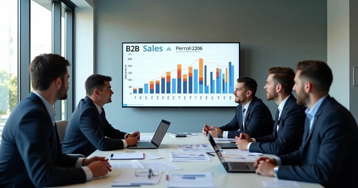 Reunião de empresários discutindo gráficos de crescimento de vendas B2B 