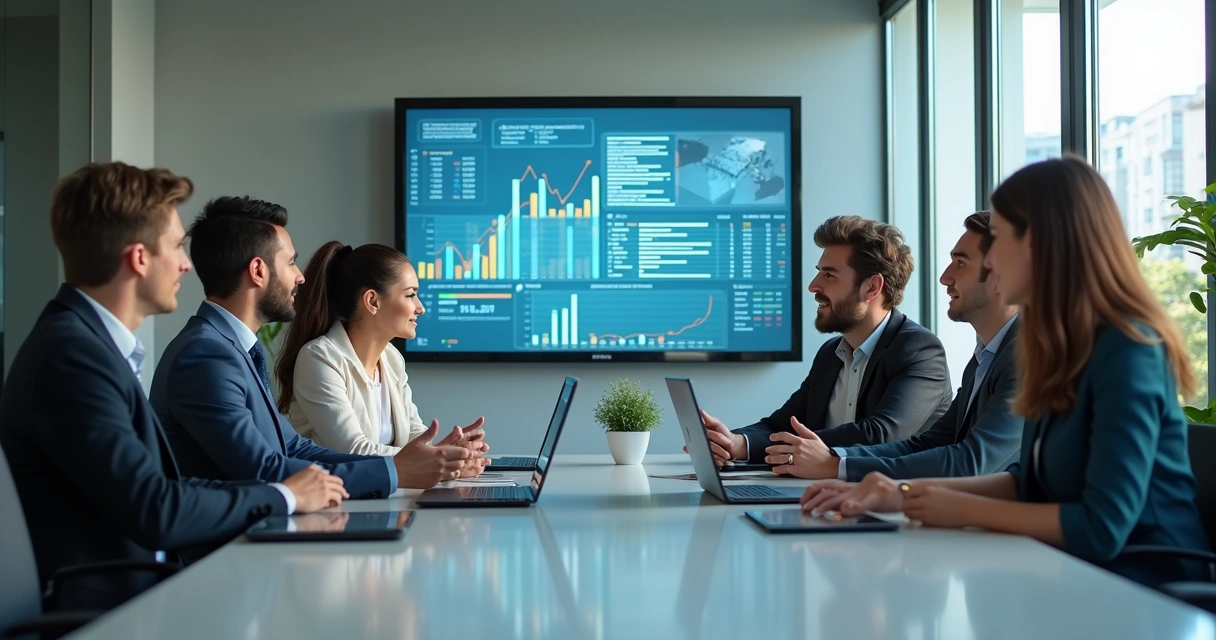 Equipe de vendas B2B em reunião discutindo estratégias e análise de dados em tela digital 