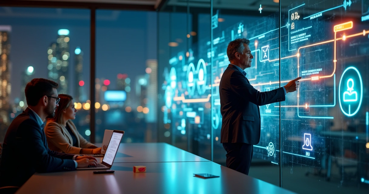 Empresários observando painel luminoso com workflows automatizados em ambiente corporativo moderno 