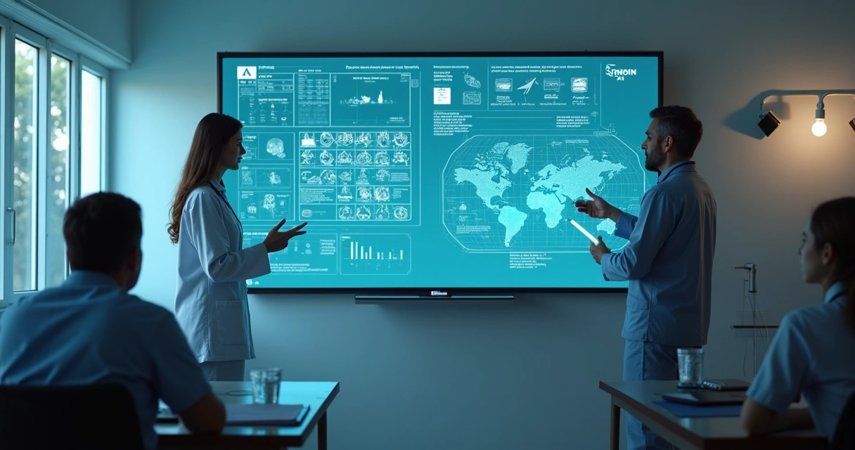 Sala com IA auxiliando médicos e educadores 