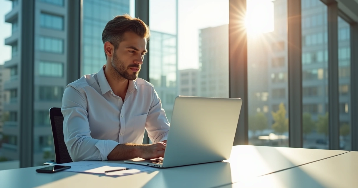 Executivo de negócios digitando em notebook, concentração, ambiente de escritório.
