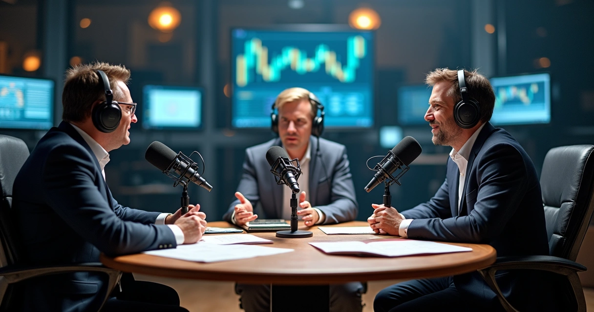 Executivos gravando podcast de debates em estúdio moderno