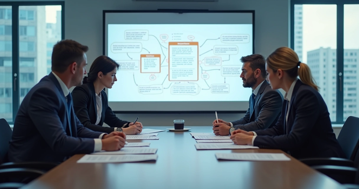 Gestores B2B em reunião analisando processo de decisão ao avaliar proposta 