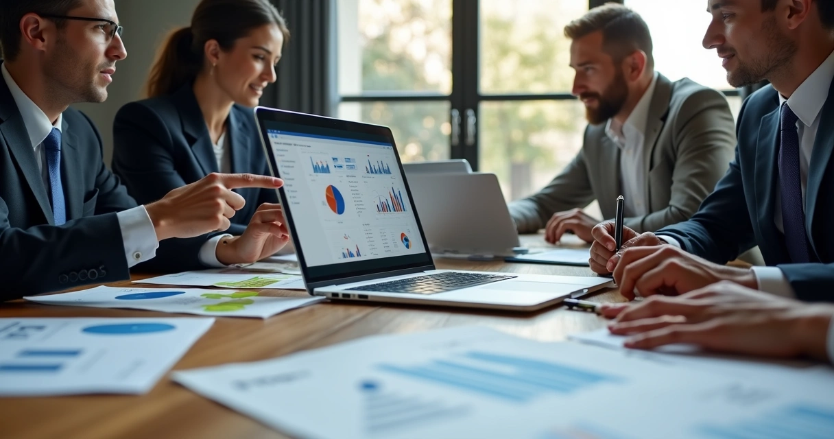 Reunião de executivos analisando dados de uma empresa cliente em notebook, foco em personalização