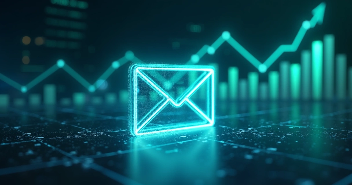 Ilustração de um email automático sendo disparado com gráficos subindo ao fundo 