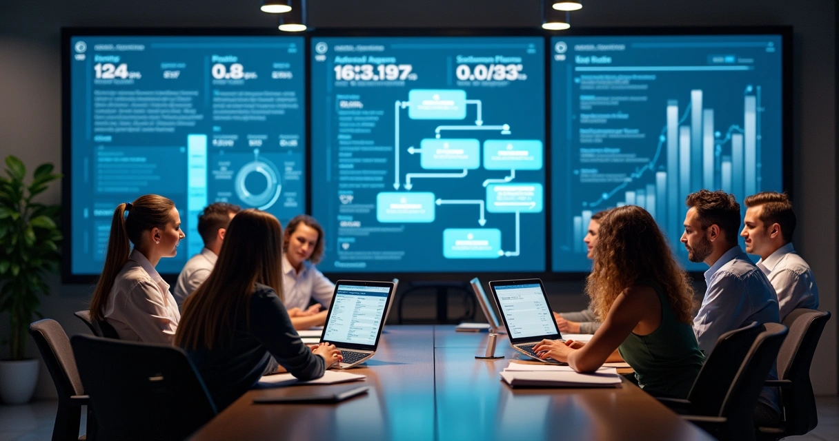 Equipe de vendas reunida em frente a telas exibindo workflow de CRM automatizado e indicadores de vendas