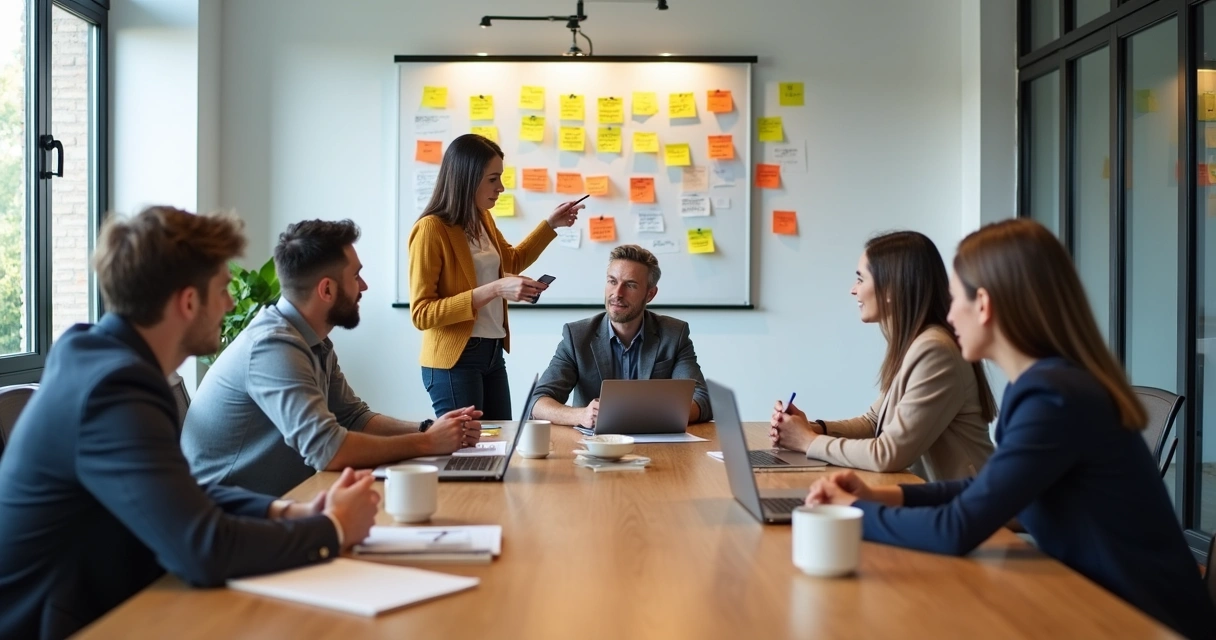 Equipe de vendas B2B reunida com post-its em painel durante workshop. 