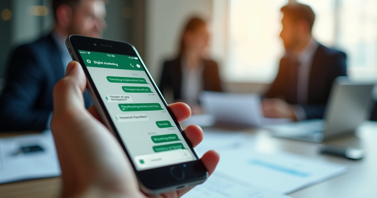 Smartphone mostrando grupo de WhatsApp com executivos discutindo negócios